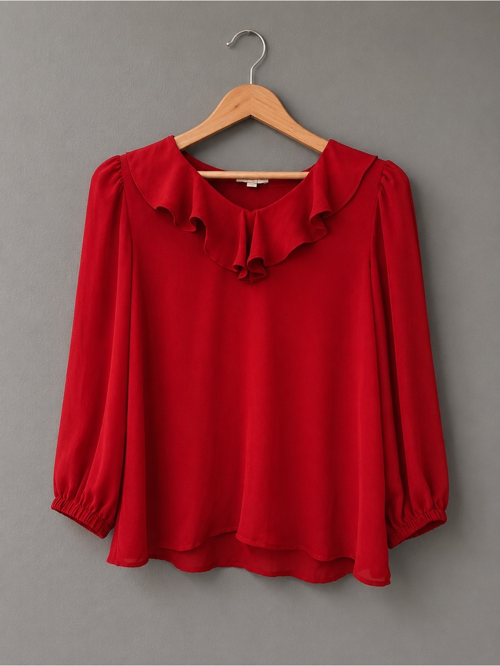 LOFT Outlet Red Ruffle Blouse Womens Small Long Sleeve Sheer Dressy Career Top